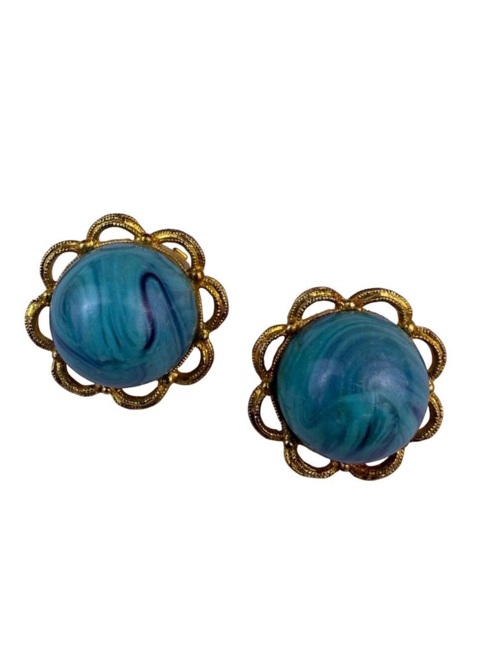 Fibe Womens Gold Tone Blue Swirl Cabochon Clip-On Earrings Vintage